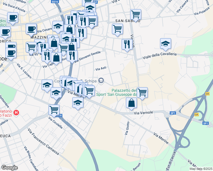 map of restaurants, bars, coffee shops, grocery stores, and more near 14 Via Corrado Giaquinto in Lecce