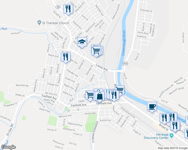 map of restaurants, bars, coffee shops, grocery stores, and more near 151 Leslie Street in Johnstown