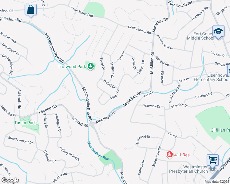 map of restaurants, bars, coffee shops, grocery stores, and more near 1848 Tilton Drive in Pittsburgh