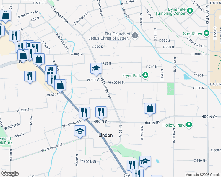 map of restaurants, bars, coffee shops, grocery stores, and more near 568 N Locust Ave in Lindon