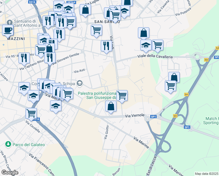map of restaurants, bars, coffee shops, grocery stores, and more near 18 Via Gabriele Caiulo in Lecce