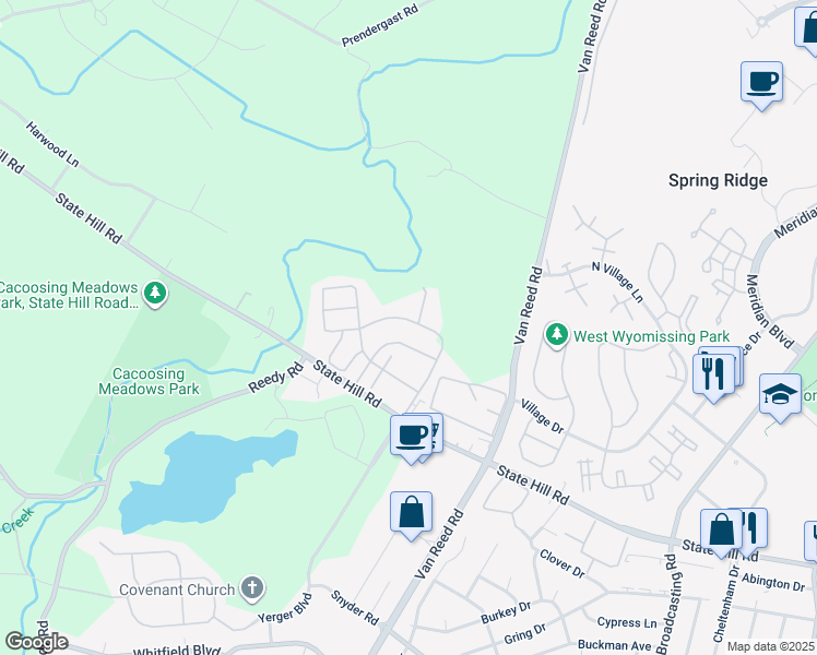 map of restaurants, bars, coffee shops, grocery stores, and more near 412 Westbury Drive in Reading