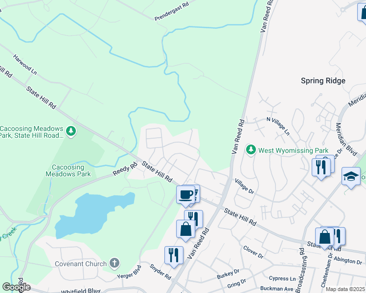 map of restaurants, bars, coffee shops, grocery stores, and more near 412 Westbury Drive in Reading
