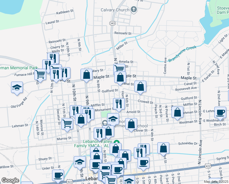 map of restaurants, bars, coffee shops, grocery stores, and more near 718 Guilford Street in Lebanon