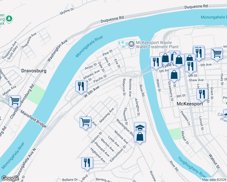 map of restaurants, bars, coffee shops, grocery stores, and more near 315 West 6th Avenue in McKeesport