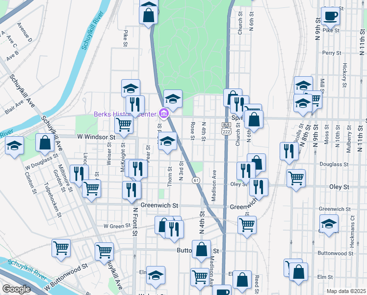 map of restaurants, bars, coffee shops, grocery stores, and more near 835 North 3rd Street in Reading