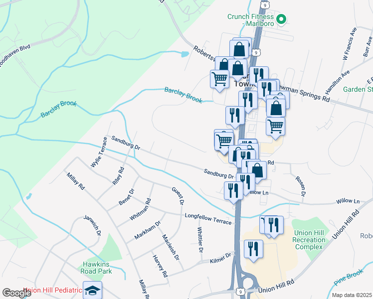 map of restaurants, bars, coffee shops, grocery stores, and more near 156 Serpentine Drive in Marlboro