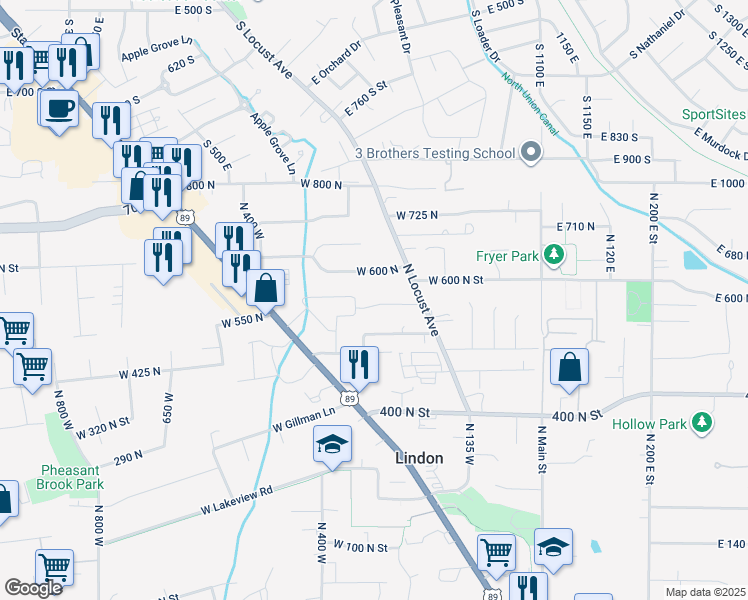 map of restaurants, bars, coffee shops, grocery stores, and more near 286 West 570 North in Lindon