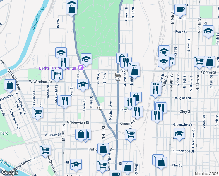 map of restaurants, bars, coffee shops, grocery stores, and more near 844 Madison Avenue in Reading