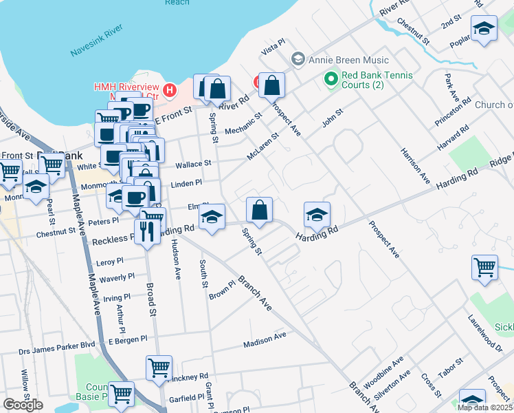 map of restaurants, bars, coffee shops, grocery stores, and more near 140 Manor Drive in Red Bank