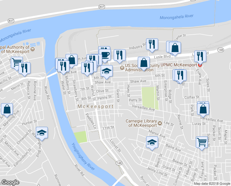 map of restaurants, bars, coffee shops, grocery stores, and more near 735 Jenny Lind Street in McKeesport