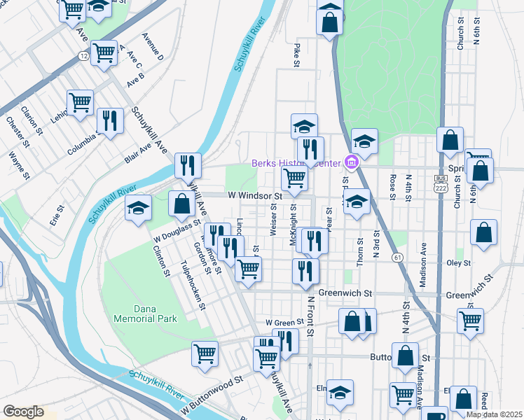 map of restaurants, bars, coffee shops, grocery stores, and more near 218 Jameson Place in Reading