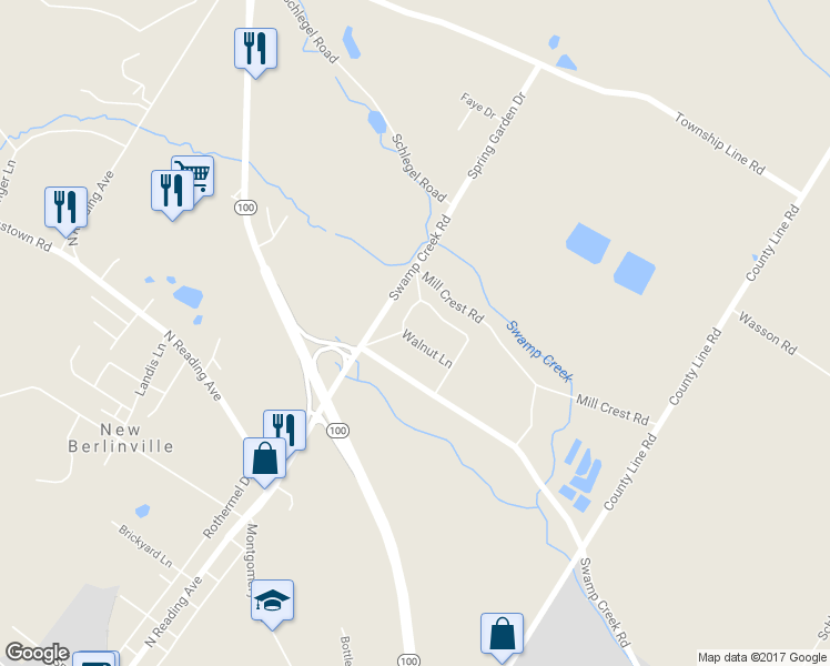 map of restaurants, bars, coffee shops, grocery stores, and more near 7 Walnut Lane in Bechtelsville