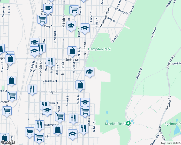 map of restaurants, bars, coffee shops, grocery stores, and more near 801 North 13th Street in Reading