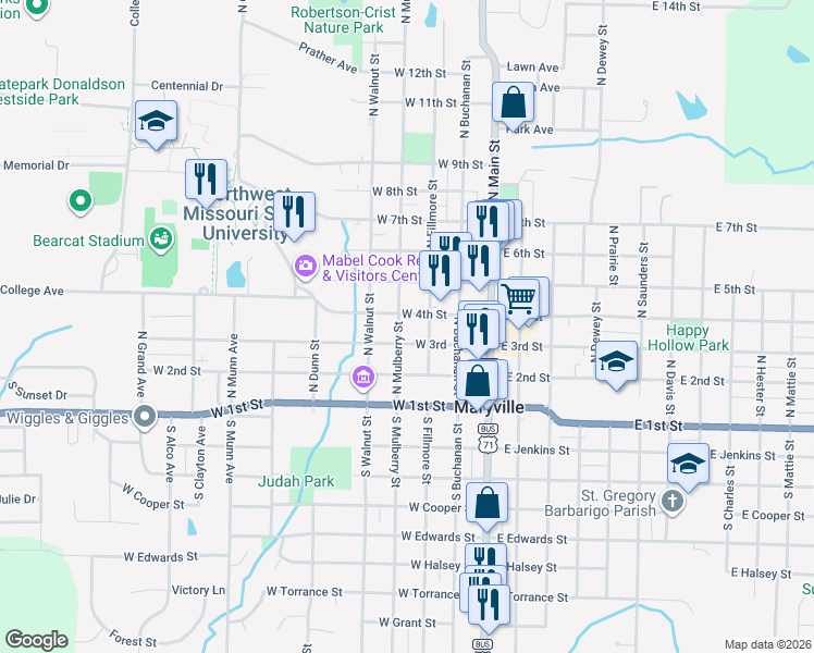 map of restaurants, bars, coffee shops, grocery stores, and more near 315 North Mulberry Street in Maryville