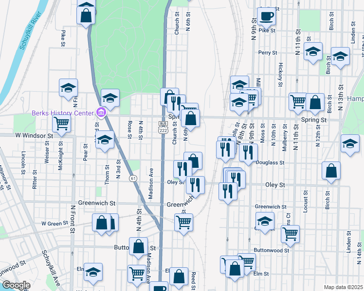 map of restaurants, bars, coffee shops, grocery stores, and more near 848 North 6th Street in Reading