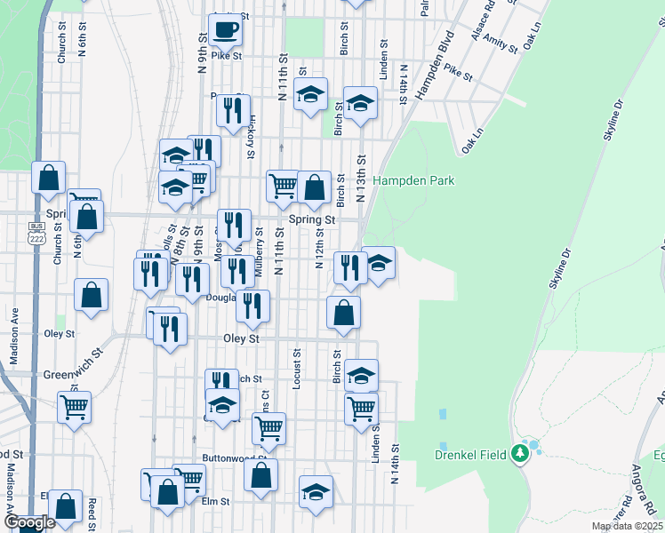 map of restaurants, bars, coffee shops, grocery stores, and more near 1214 Windsor Street in Reading
