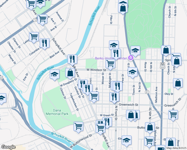 map of restaurants, bars, coffee shops, grocery stores, and more near 246 Jameson Place in Reading