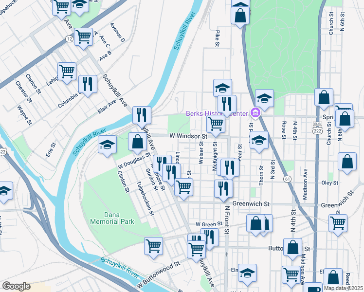 map of restaurants, bars, coffee shops, grocery stores, and more near 250 Jameson Place in Reading