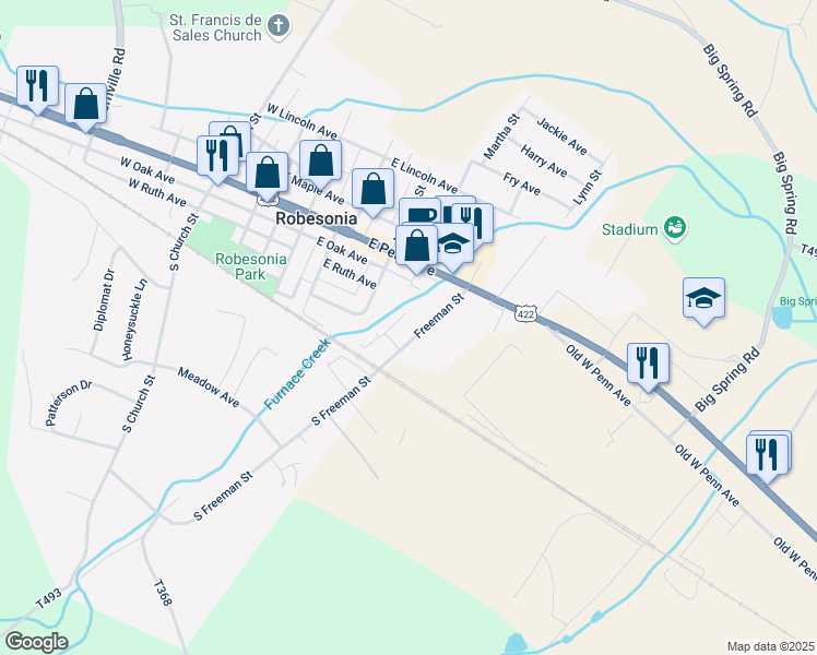map of restaurants, bars, coffee shops, grocery stores, and more near 138 South Freeman Street in Robesonia