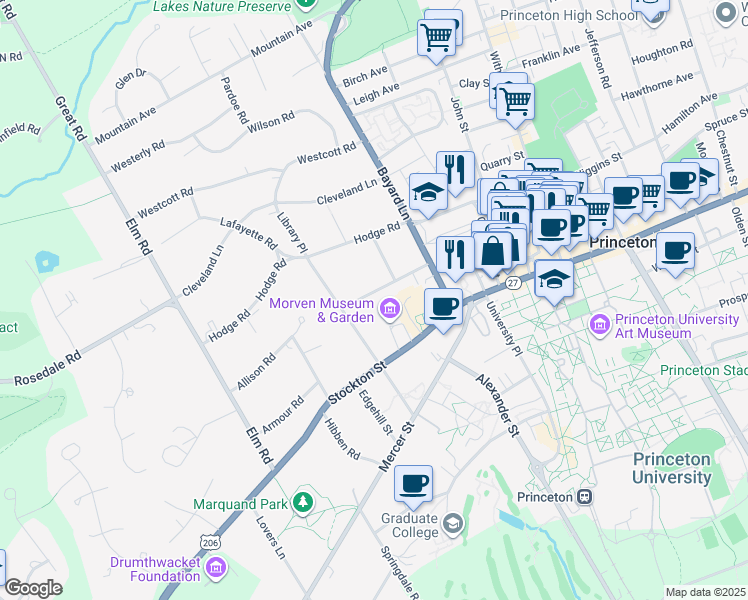 map of restaurants, bars, coffee shops, grocery stores, and more near 30 Boudinot Street in Princeton
