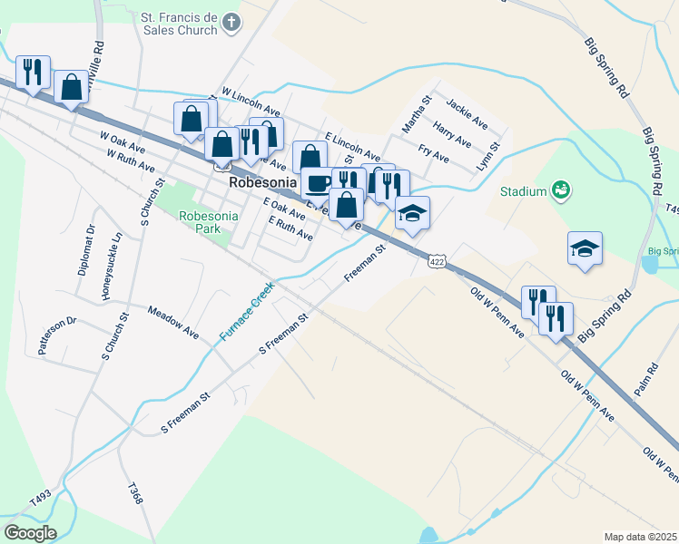 map of restaurants, bars, coffee shops, grocery stores, and more near 138 S Freeman St in Robesonia