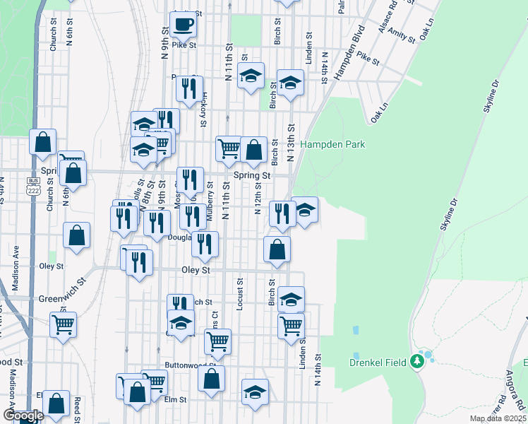 map of restaurants, bars, coffee shops, grocery stores, and more near 1208 Windsor Street in Reading