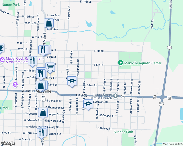 map of restaurants, bars, coffee shops, grocery stores, and more near North Water Street in Maryville