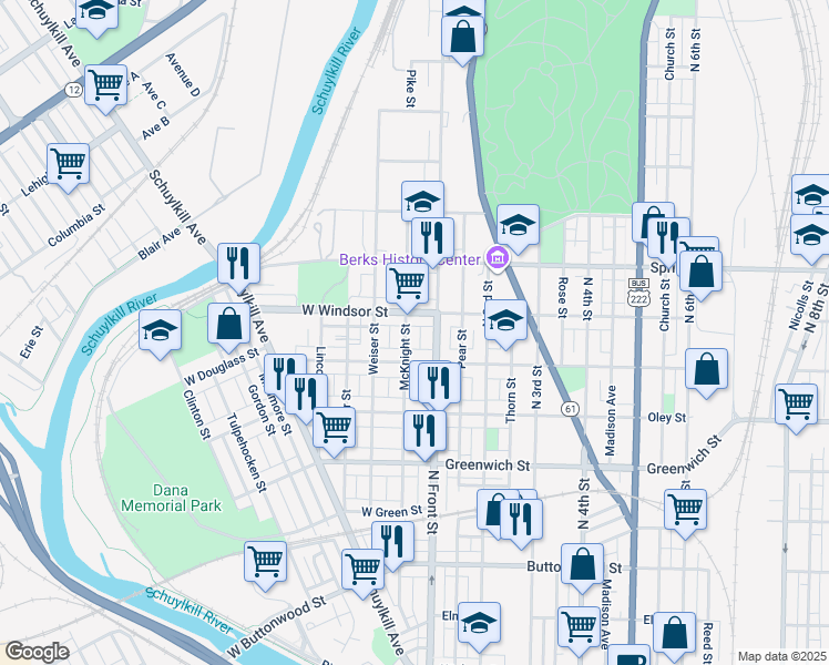 map of restaurants, bars, coffee shops, grocery stores, and more near 831 McKnight St in Reading