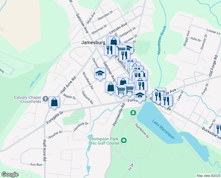 map of restaurants, bars, coffee shops, grocery stores, and more near 12 Davison Avenue in Jamesburg