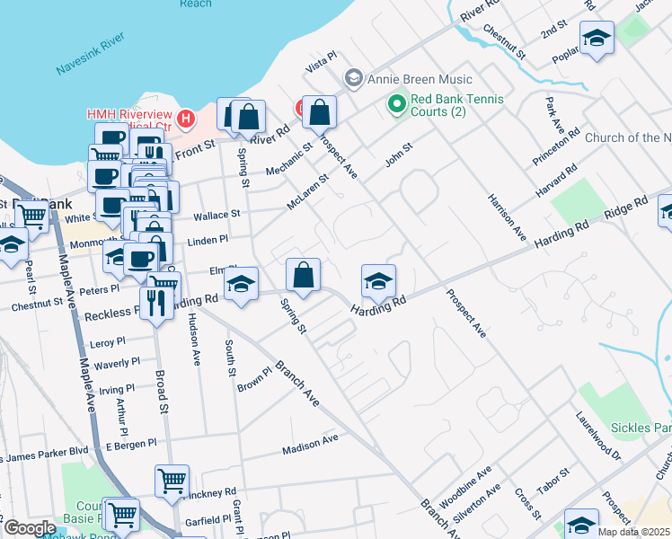 map of restaurants, bars, coffee shops, grocery stores, and more near 92 Manor Drive in Red Bank