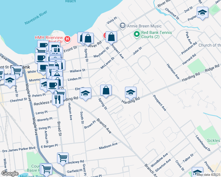 map of restaurants, bars, coffee shops, grocery stores, and more near 92 Manor Drive in Red Bank