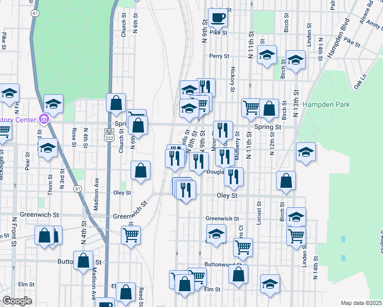 map of restaurants, bars, coffee shops, grocery stores, and more near 863 North 8th Street in Reading