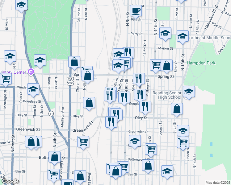 map of restaurants, bars, coffee shops, grocery stores, and more near 854 North 8th Street in Reading