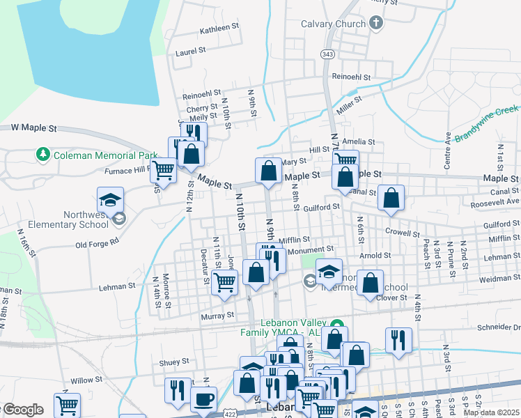 map of restaurants, bars, coffee shops, grocery stores, and more near 911 Guilford Street in Lebanon