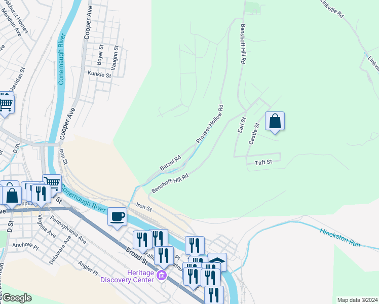 map of restaurants, bars, coffee shops, grocery stores, and more near 100-448 Batzel Road in Johnstown