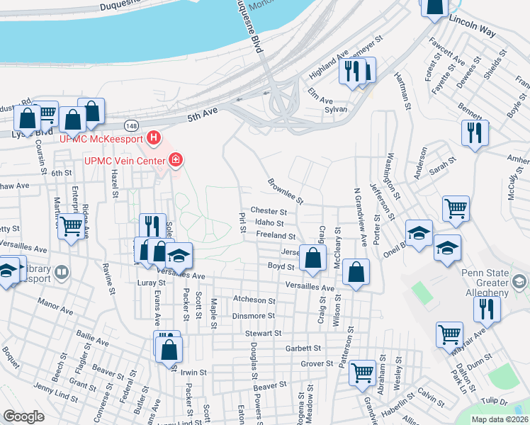 map of restaurants, bars, coffee shops, grocery stores, and more near 2816 Chester Street in McKeesport