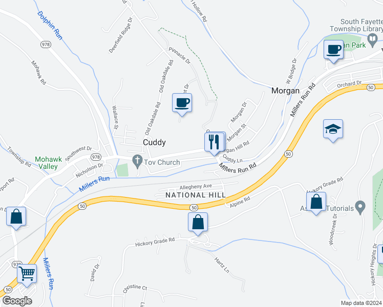 map of restaurants, bars, coffee shops, grocery stores, and more near 621 Millers Run Road in Cuddy