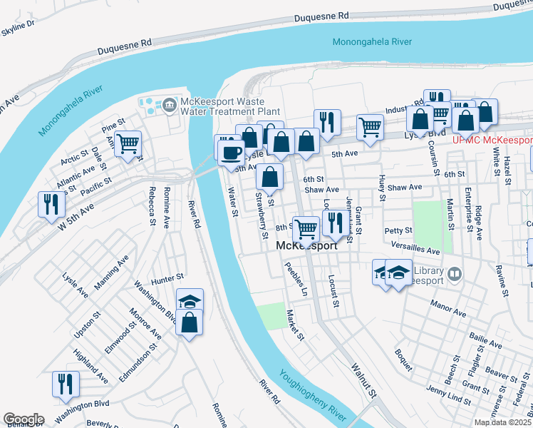 map of restaurants, bars, coffee shops, grocery stores, and more near 704 Market Street in McKeesport