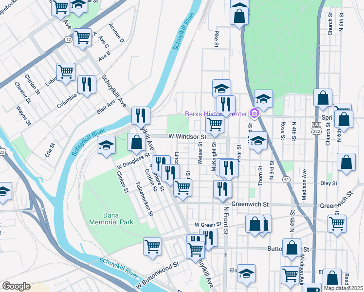 map of restaurants, bars, coffee shops, grocery stores, and more near 246 Jameson Place in Reading