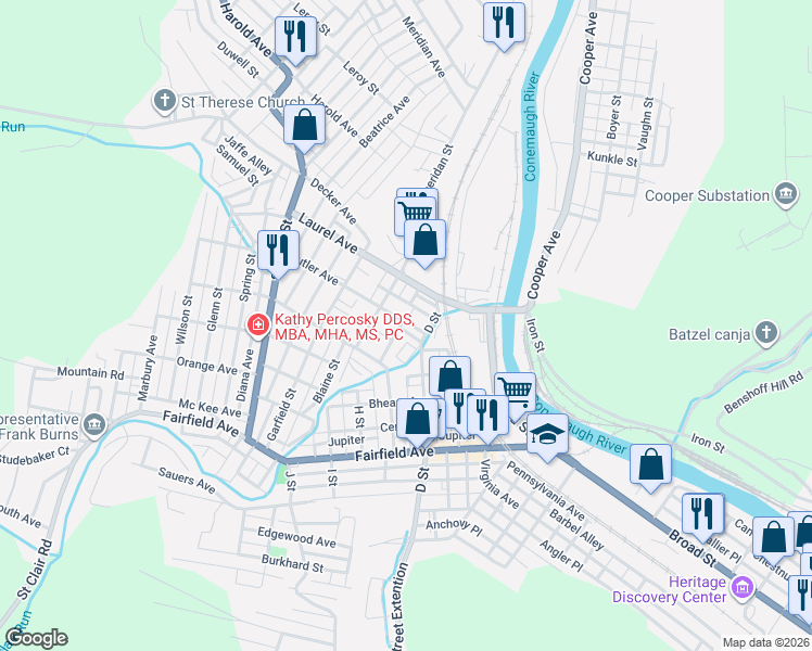 map of restaurants, bars, coffee shops, grocery stores, and more near 178 Butler Avenue in Johnstown