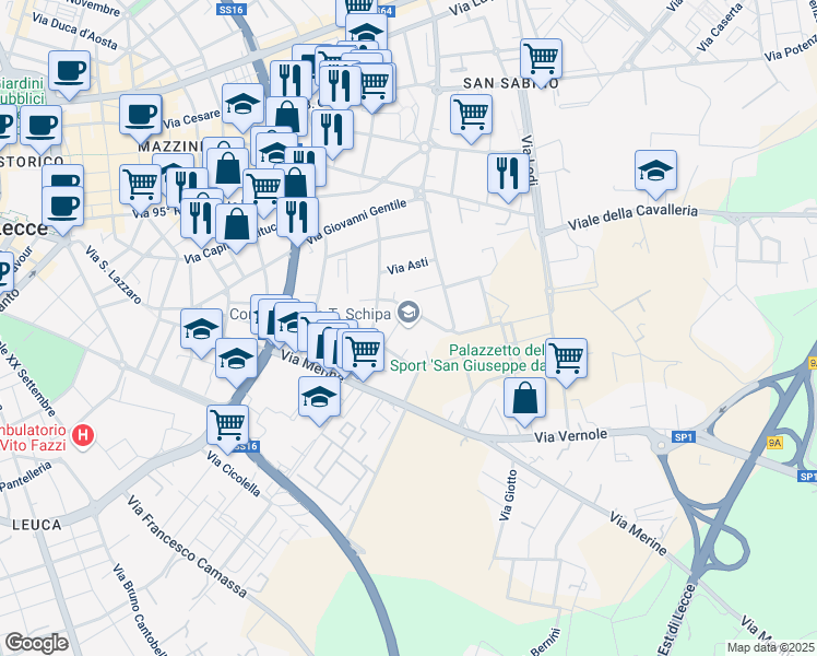 map of restaurants, bars, coffee shops, grocery stores, and more near 14 Via Corrado Giaquinto in Lecce