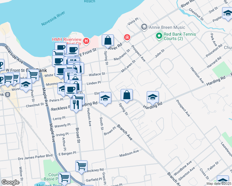 map of restaurants, bars, coffee shops, grocery stores, and more near 151 Spring Street in Red Bank