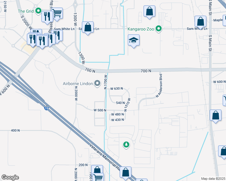 map of restaurants, bars, coffee shops, grocery stores, and more near 1627 West 630 North in Lindon