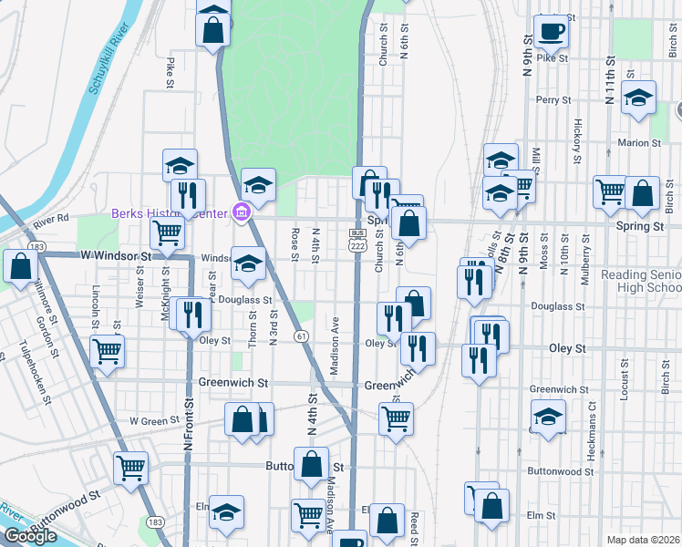 map of restaurants, bars, coffee shops, grocery stores, and more near 844 Madison Avenue in Reading