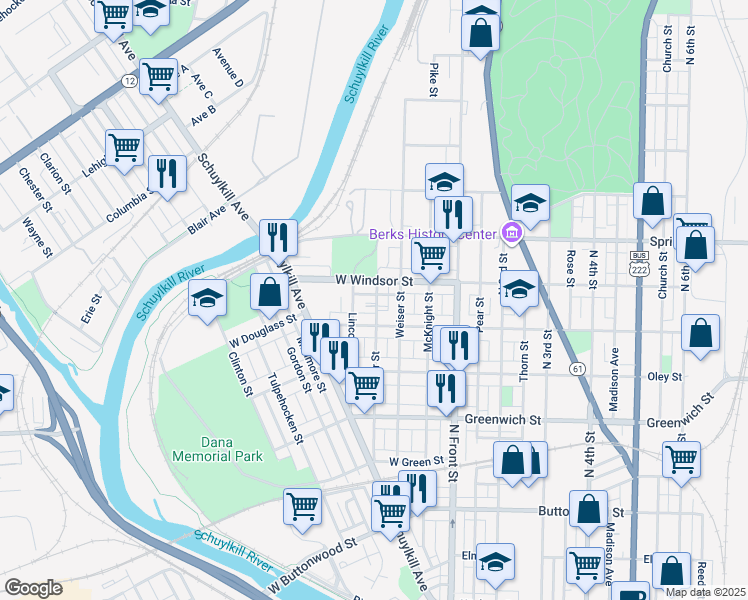 map of restaurants, bars, coffee shops, grocery stores, and more near 215 West Douglass Street in Reading