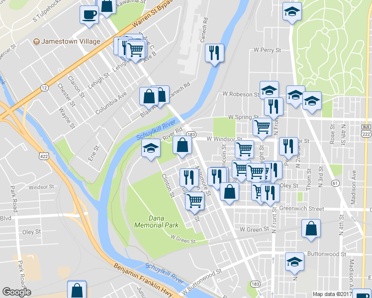 map of restaurants, bars, coffee shops, grocery stores, and more near 815 Gordon Street in Reading