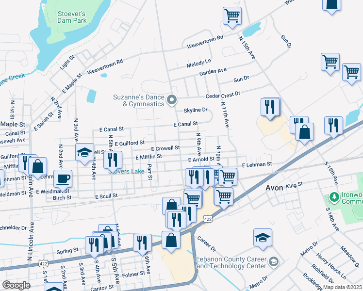 map of restaurants, bars, coffee shops, grocery stores, and more near 514 North 8th Avenue in Lebanon