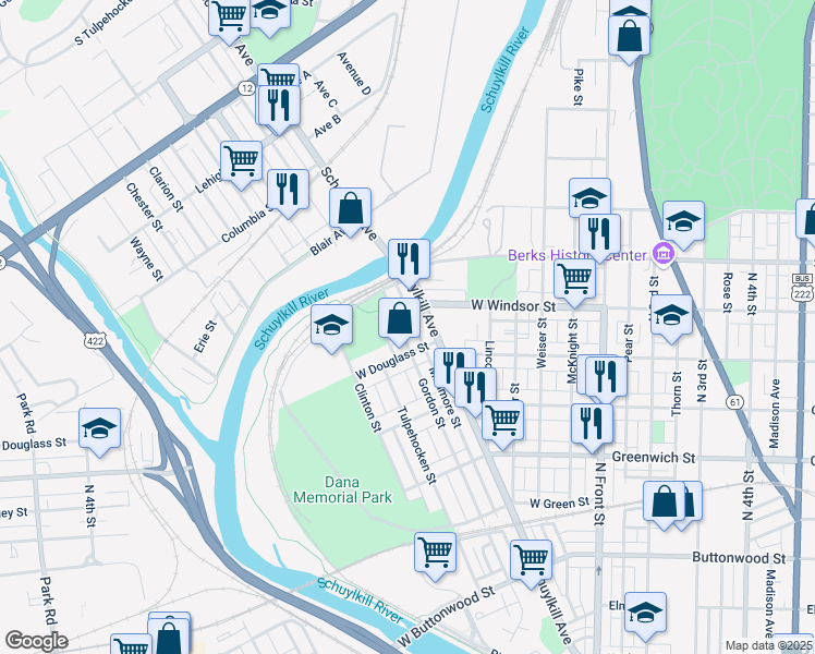 map of restaurants, bars, coffee shops, grocery stores, and more near 815 Gordon Street in Reading