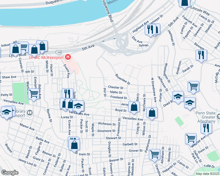 map of restaurants, bars, coffee shops, grocery stores, and more near 2816 Chester Street in McKeesport